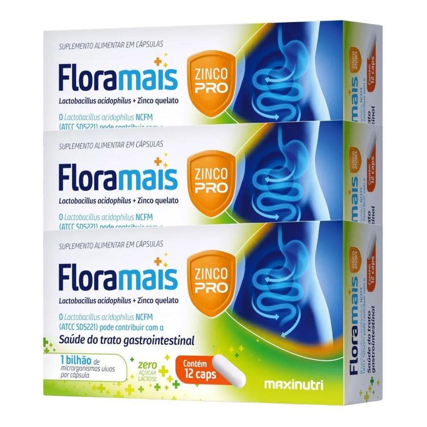 Maxinutri Kit 3X Floramais + Zinco Probiotico Lactobacillus 12 Cápsulas
