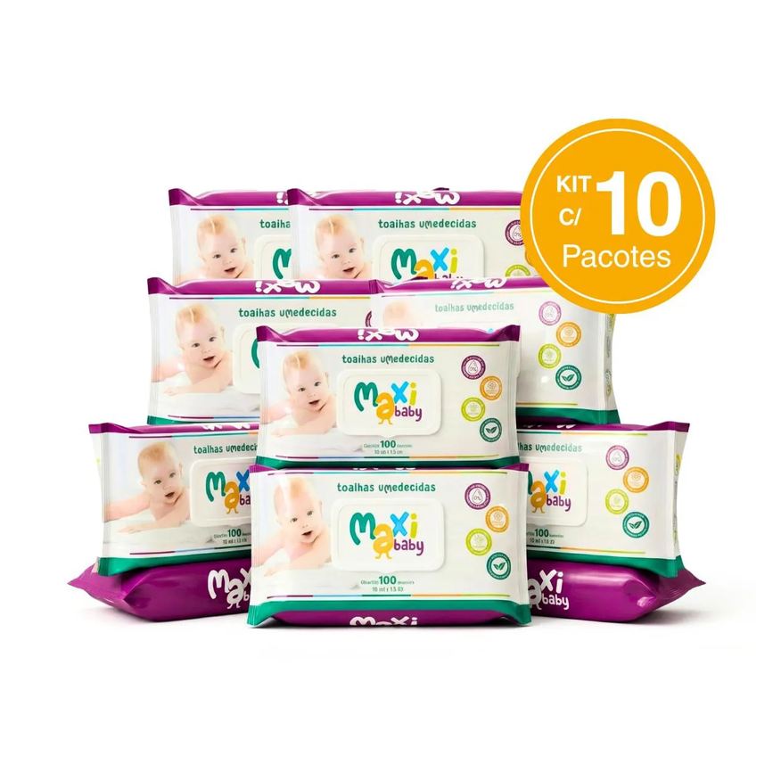 Maxi Baby Kit 10 Toalhas Umedecida Hipoalergênico 100Un Cada