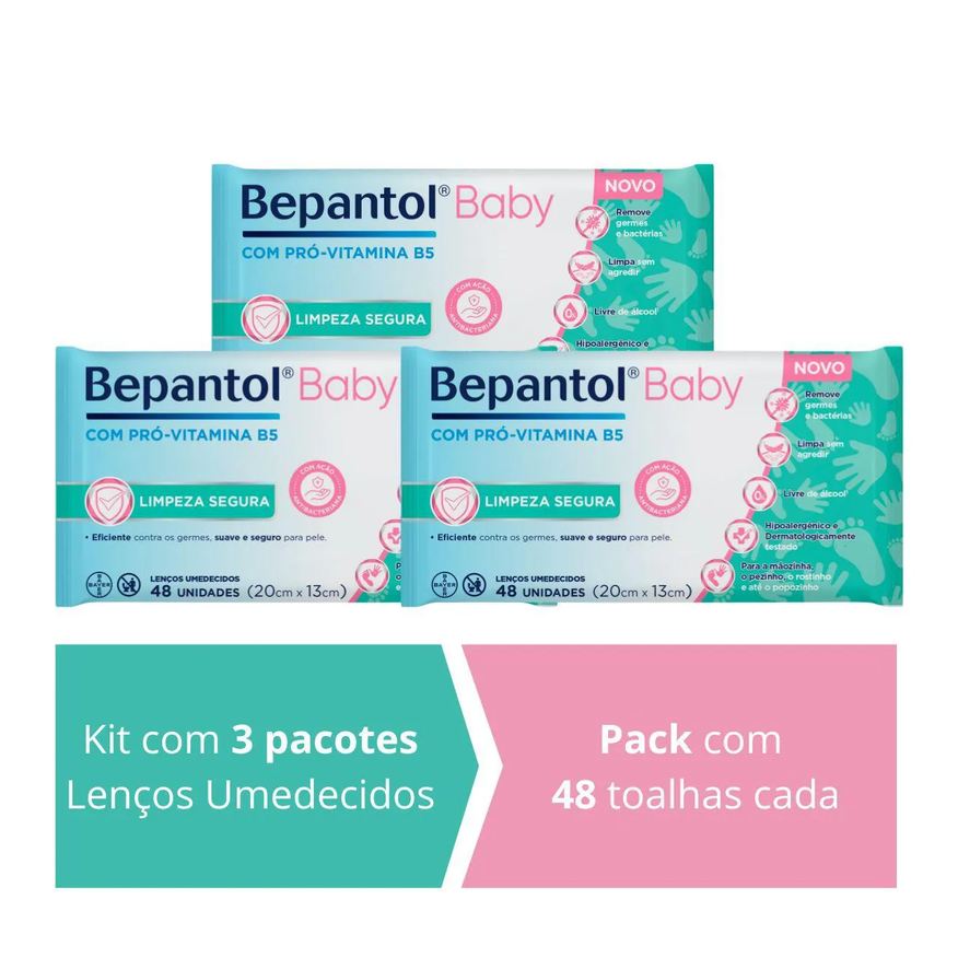 Bepantol Kit 3 Lenços Umedecidos Proteção Antibac 48Un Cada
