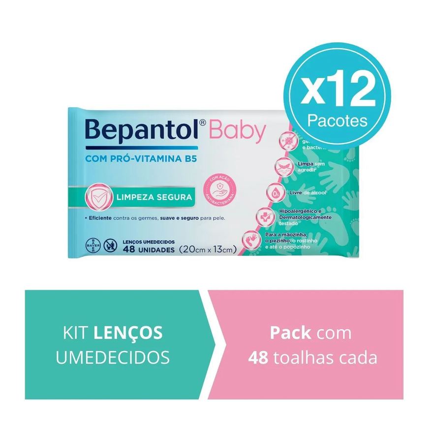 Bepantol Kit 12 Lenços Umedecidos Proteção Antibac 48Un Cada