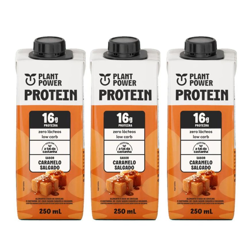 Plant Power Shake Protein Caramelo Salgado 16g de Proteína Kit 3 Zero Lactose 250ml