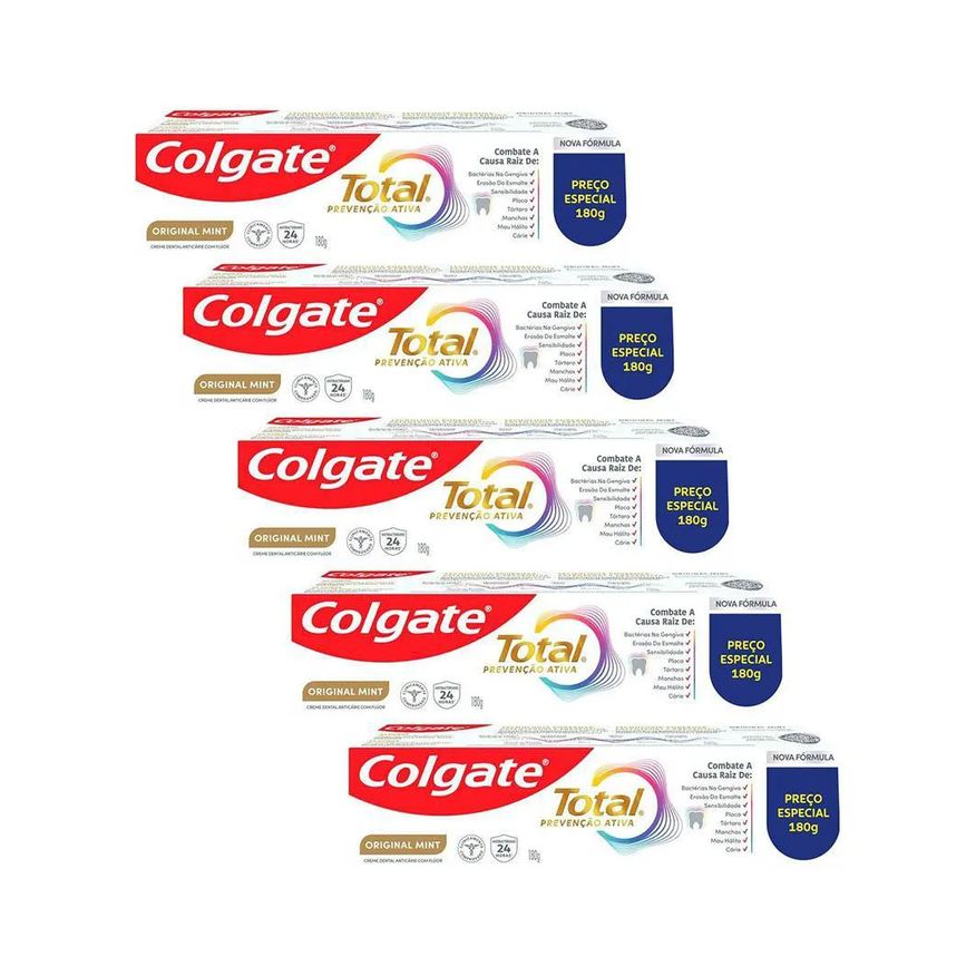Colgate Kit 5 Cremes Dentais Total Mint Prevenção Ativa 180g