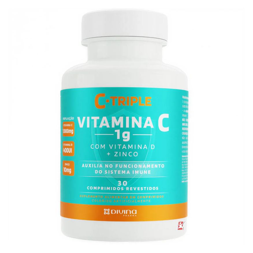 Divina Pharma C-Triple Vitamina C 1g + Zinco 10mg + Vitamina D 400Ui 30 Comprimidos