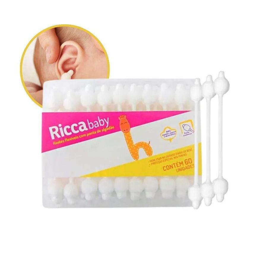 Ricca Hastes Flexíveis em Algodão Infantil Bebê Baby 60 Unidades