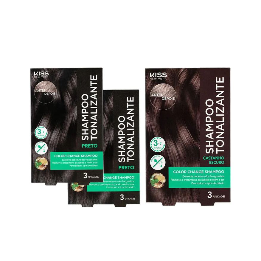 Kiss New York Kit com 3 Shampoos Tonalizantes Color Change 02 Preto + 01 Castanho Escuro