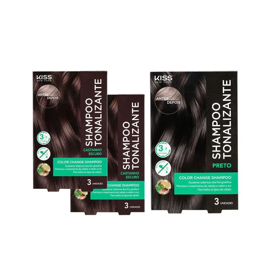 Kiss New York Kit com 3 Shampoos Tonalizantes Color Change 02 Castanho Escuro + 01 Preto