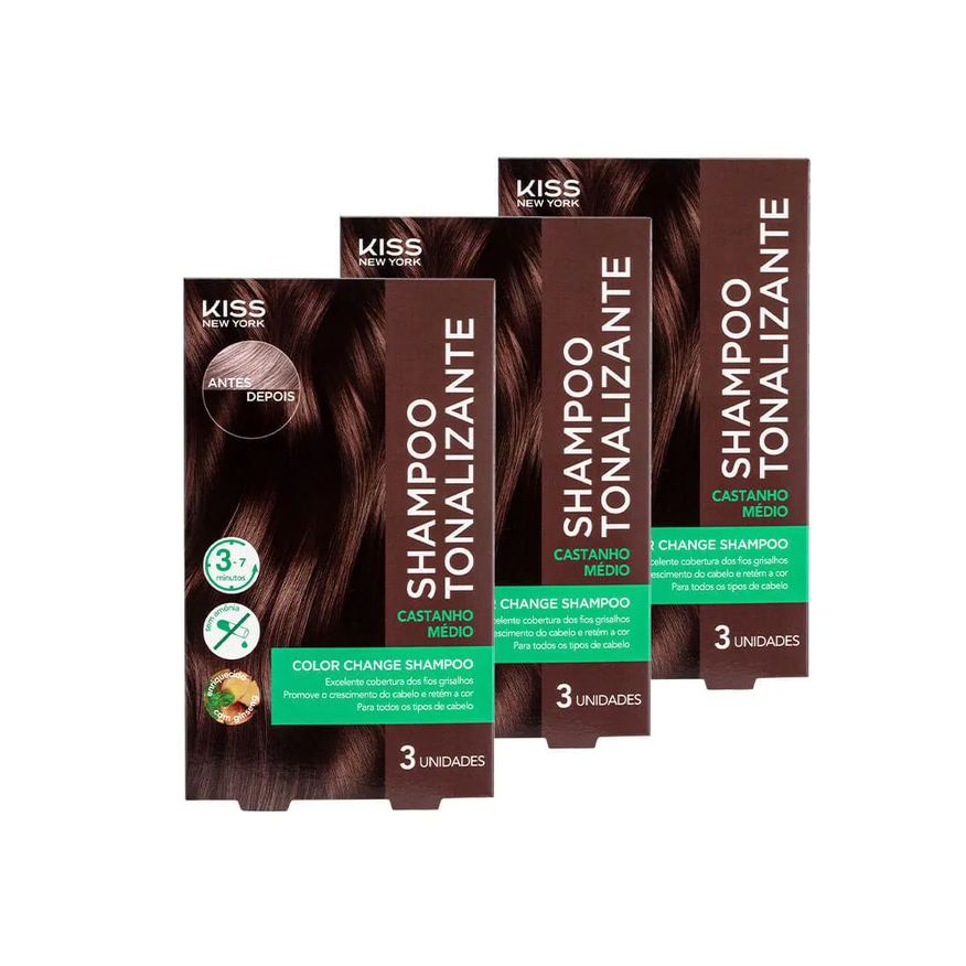 Kiss New York Kit com 3 Shampoos Tonalizantes Color Change Castanho Médio