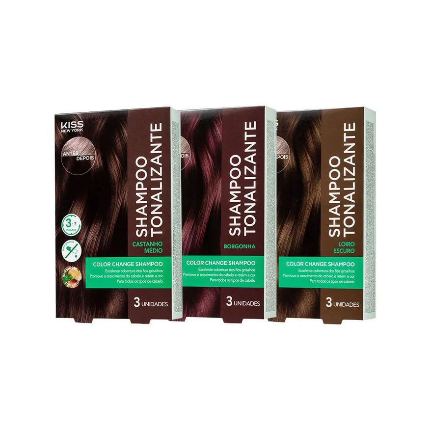 Kiss New York Kit com 3 Shampoos Tonalizantes Color Change Castanho Médio, Borgonha e Loiro Escuro
