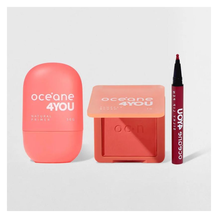 Océane Kit Blush Cremoso Coral + Caneta Batom Rosa + Primer Facial 4You (3 Produtos)