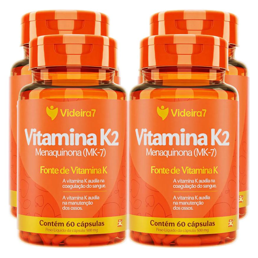 Videira7 Kit 4 Vitamina K2 Menaquinona Mk-7 1 ao Dia 100% Idr Total 240 Cápsulas
