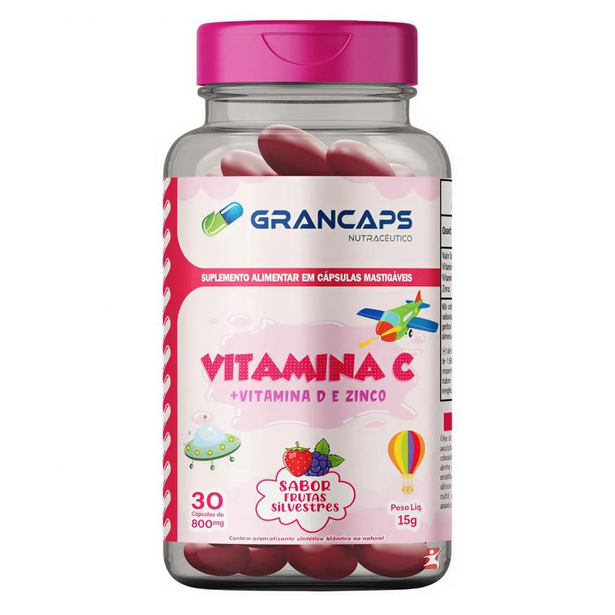 Grancaps Vitamina C + D3 + Zinco Kids - Tripla Proteção 30 Cápsulas Mastigáveis Frutas Silvestres