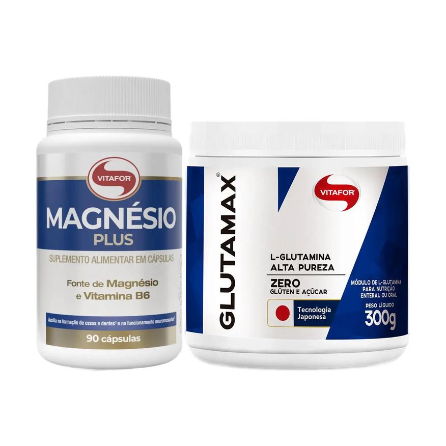 Vitafor Kit Magnésio Plus 90 cápsulas + L-Glutamina Glutamax Zero Glúten Zero Açúcar 300g