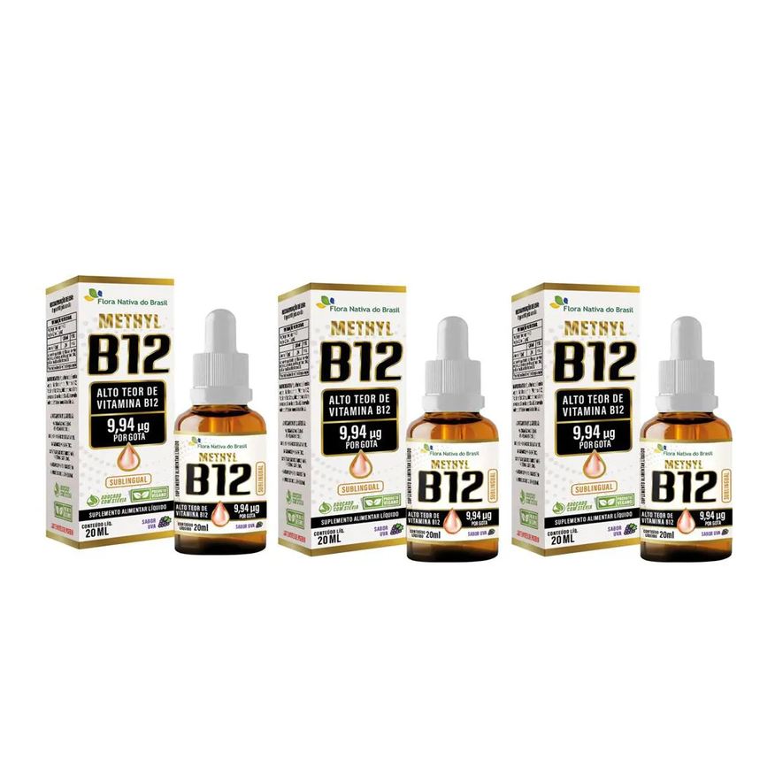 Flora Nativa Do Brasil Kit C/ 3 Vitamina B12 Uva 20ml - Metilcobalamina 9,94 Mcg Por Gota - Flora Nativa