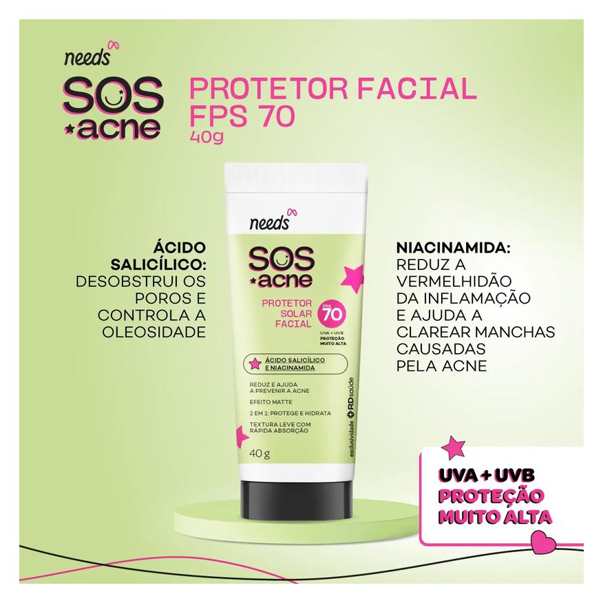 Needs Protetor Solar Facial SOS Acne FPS 70 40g