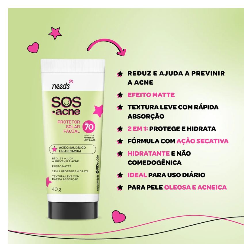 Needs Protetor Solar Facial SOS Acne FPS 70 40g