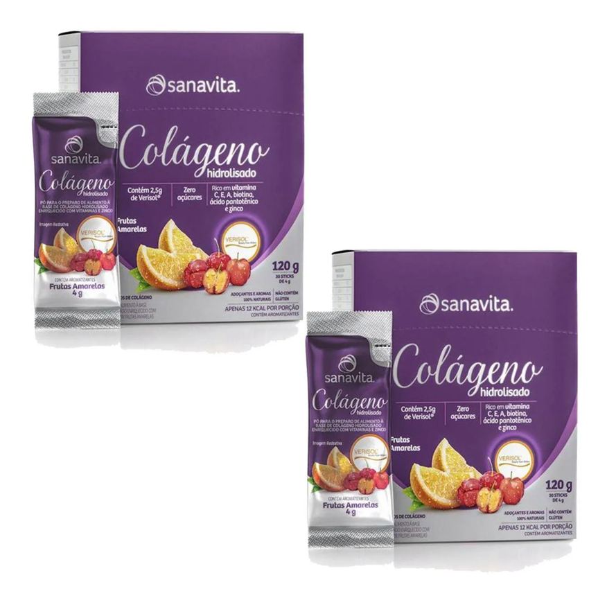 Sanavita Kit 2X Colágeno Verisol Hidrolisado - 30 Sticke de 4g Frutas Amarelas