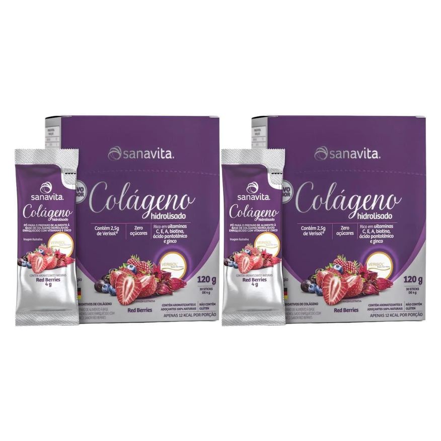 Sanavita Kit 2X Colágeno Verisol Hidrolisado - 30 Sticke de 4g Red Berries