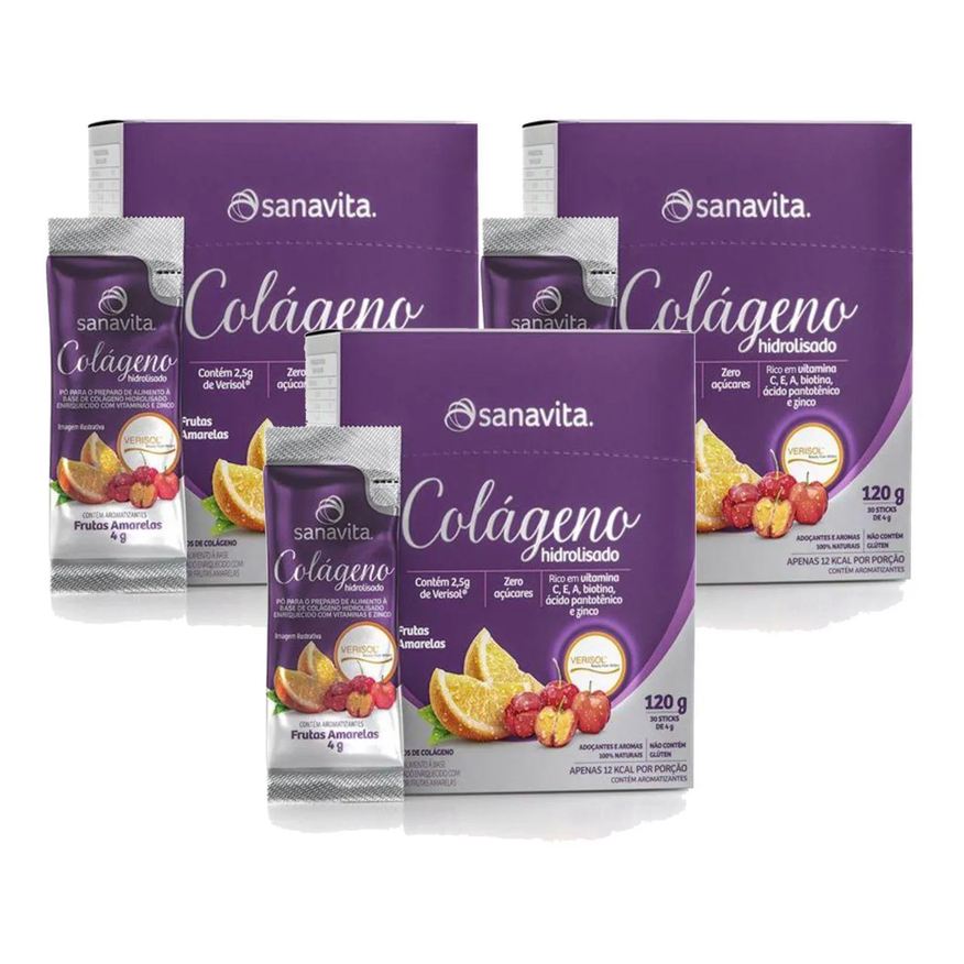 Sanavita Kit 3X Colágeno Verisol Hidrolisado - 30 Sticke de 4g Frutas Amarelas