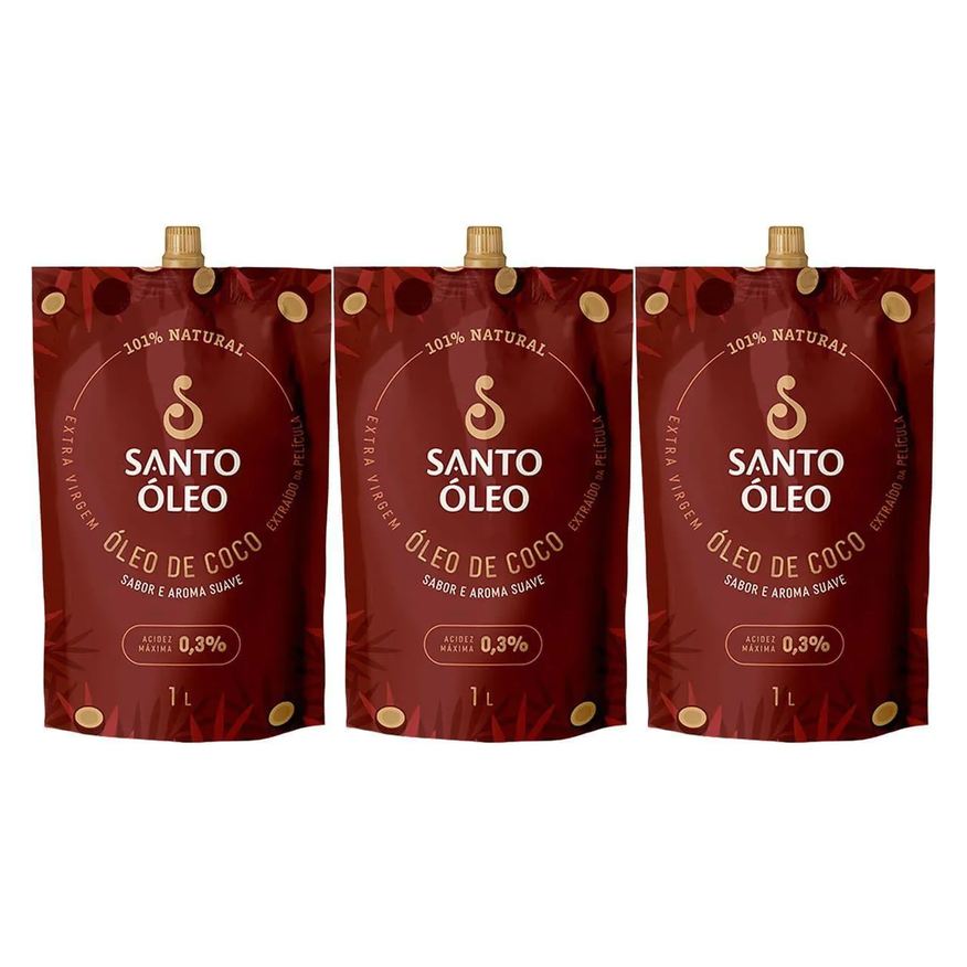 Santo Óleo Kit 3X Óleo de Coco Extra Virgem de Película - 1000ml Refil
