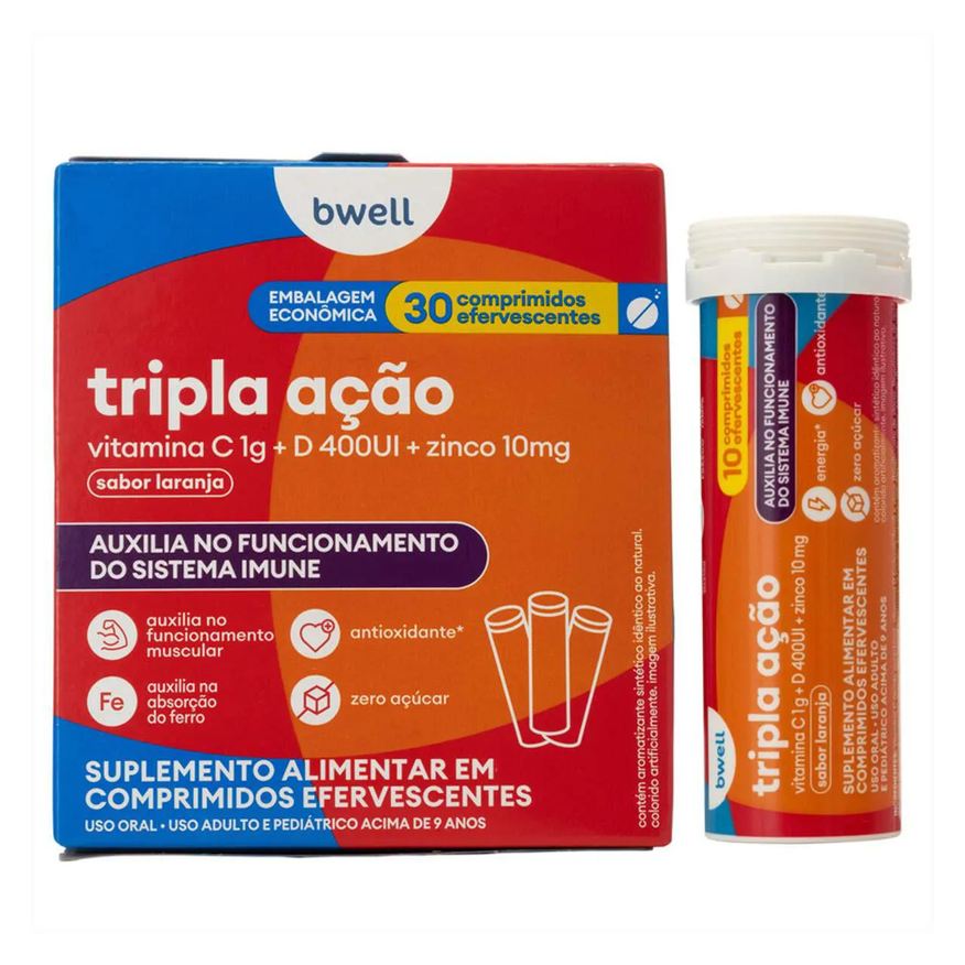 Vitamina C bwell Tripla Ação 30 Comprimidos Efervescentes