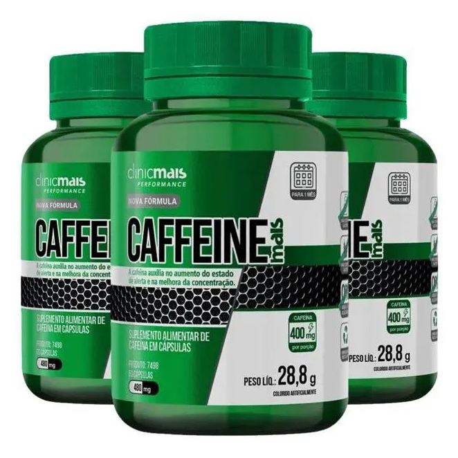 Clinic Mais Kit 3x Caffeine Mais (Cafeína Pura) 400mg 60 Cápsulas - Clinicmais