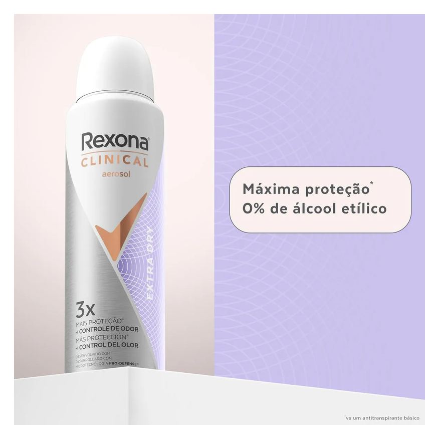 Rexona Desodorante Antitranspirante Aerosol Clinical Extra Dry Feminino 96h 150ml