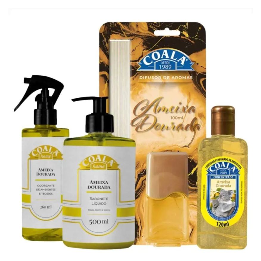 Coala Kit Ameixa Dourada: Limpador Perfumado 120ml, Sabonete Líquido 500ml, Odorizante de Ambientes 260ml e Difusor de Aromas 100ml