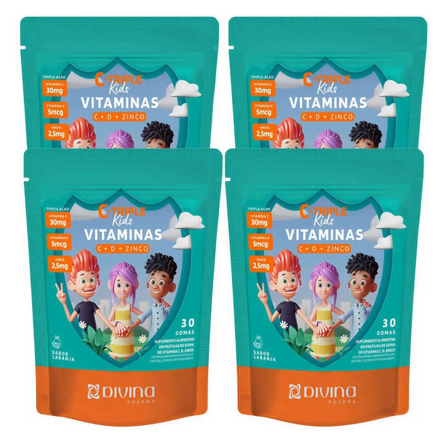 Divina Pharma Kit 4 C-Triple Kids Vitaminas C + D + Zinco Imunidade Total 120 Gomas Sabor Laranja