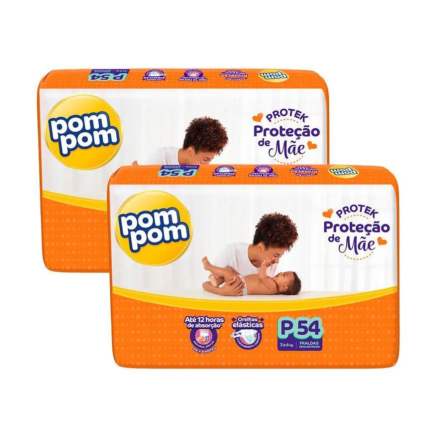 Pom Pom Kit 2 Fraldas Derma Protek Mega P com 54Un Cada