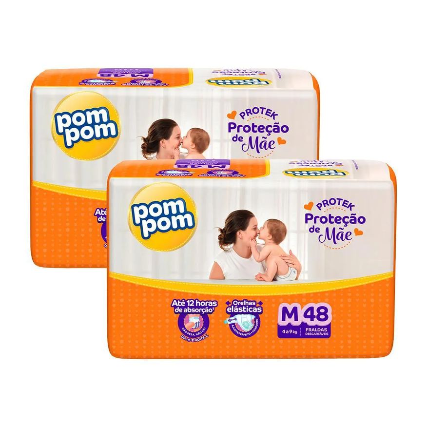 Pom Pom Kit 2 Fraldas Derma Protek Mega M com 48Un Cada