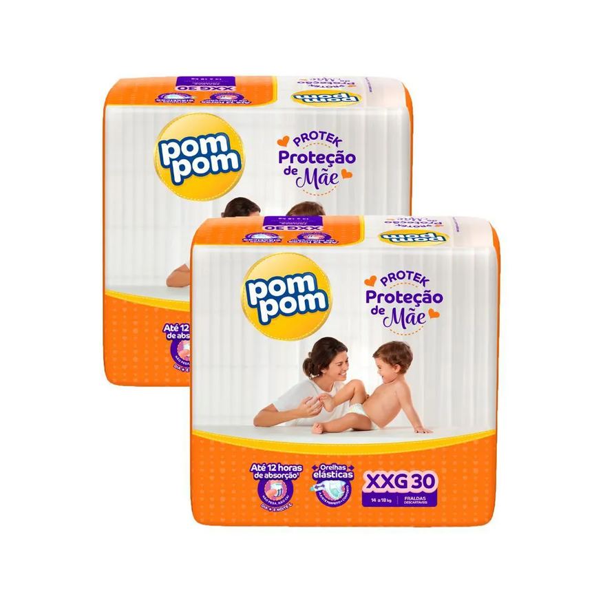 Pom Pom Kit 2 Fraldas Derma Protek Mega Xxg com 30Un Cada