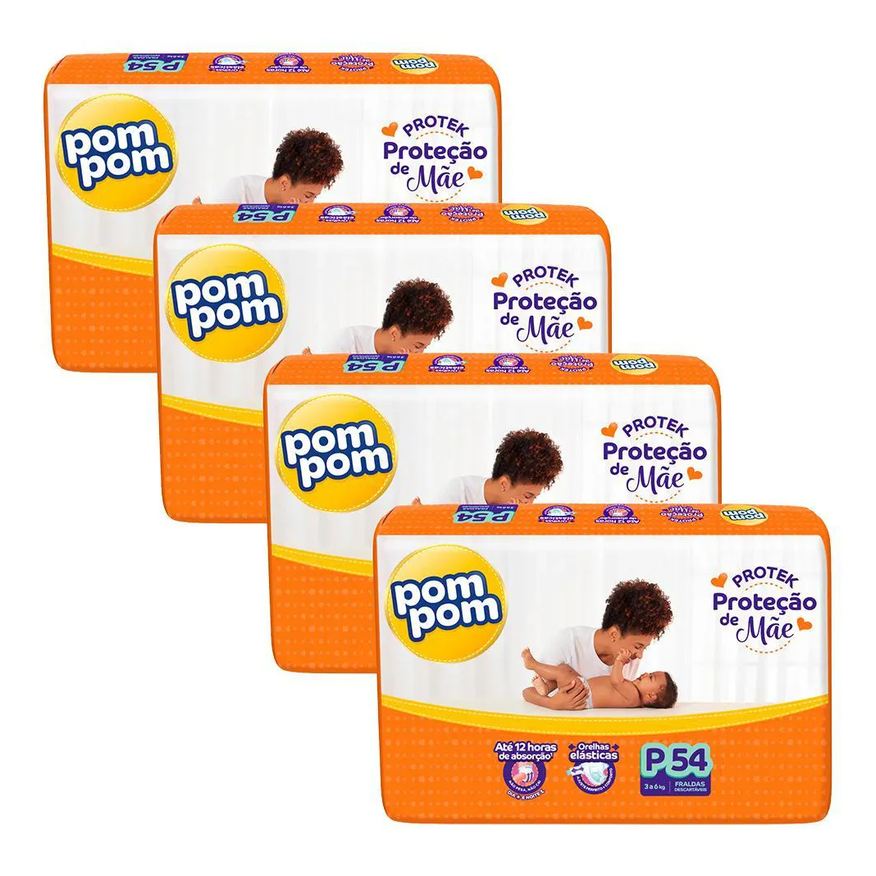 Pom Pom Kit 4 Fraldas Derma Protek Mega P com 54Un Cada