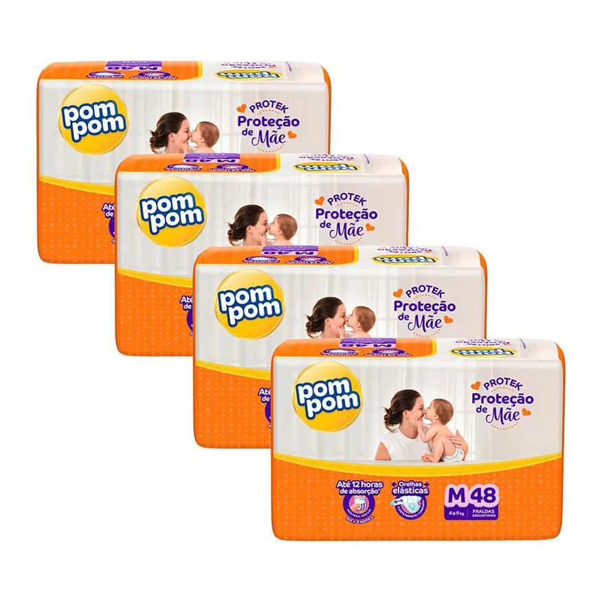 Pom Pom Kit 4 Fraldas Derma Protek Mega M com 48Un Cada