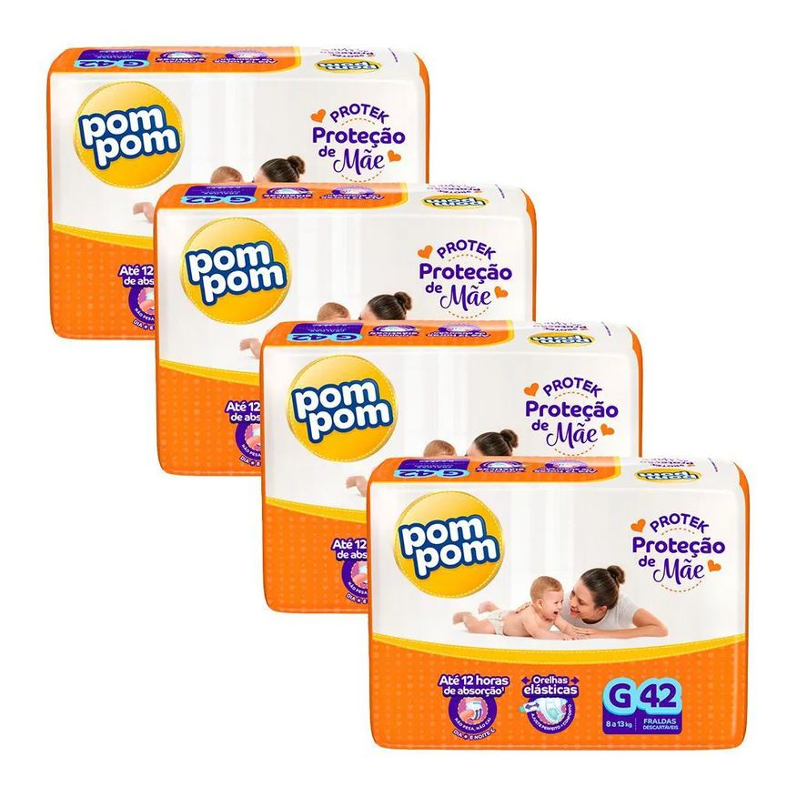 Pom Pom Kit 4 Fraldas Derma Protek Mega G com 42Un Cada