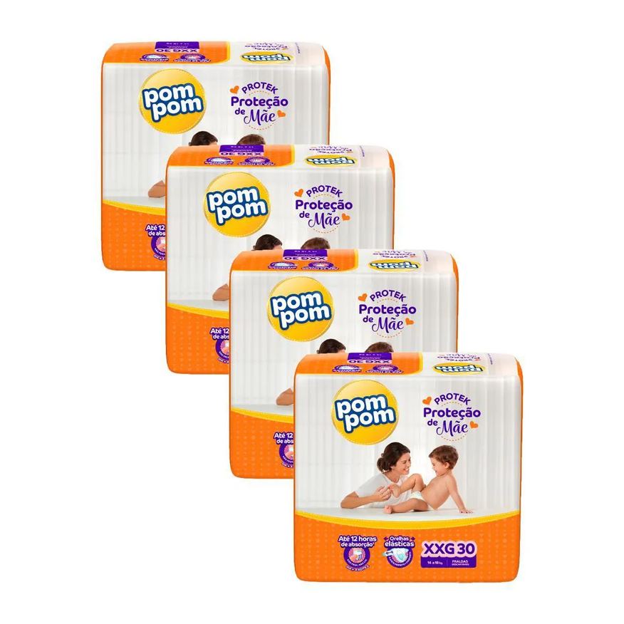 Pom Pom Kit 4 Fraldas Derma Protek Mega Xxg com 30Un Cada