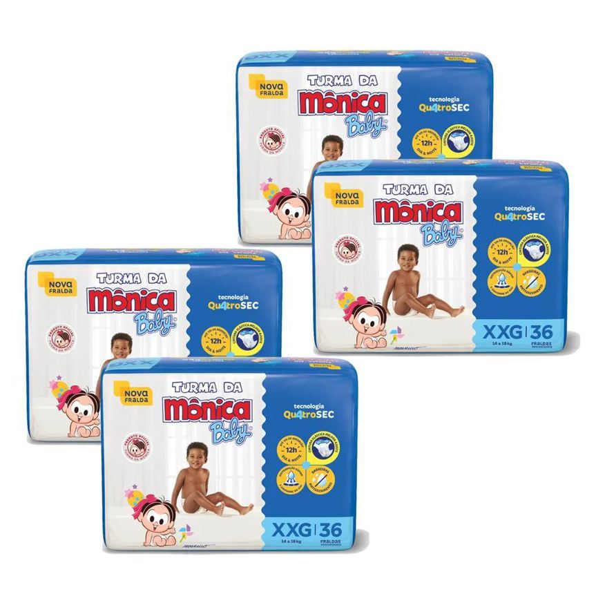 Turma da Mônica Baby Kit 4 Fraldas Mega Xxg com 36Un Cada