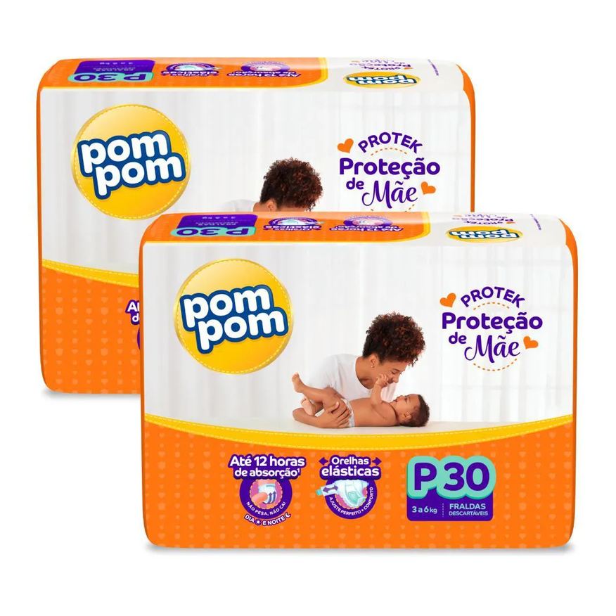 Pom Pom Kit 2 Fraldas Protek Proteção de Mãe Jumbo P com 30Un Cada