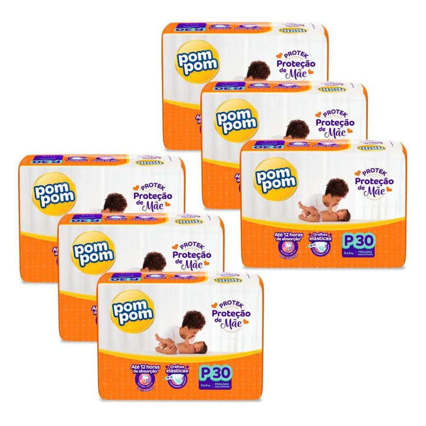 Pom Pom Kit 6 Fraldas Protek Proteção de Mãe Jumbo P com 30Un Cada
