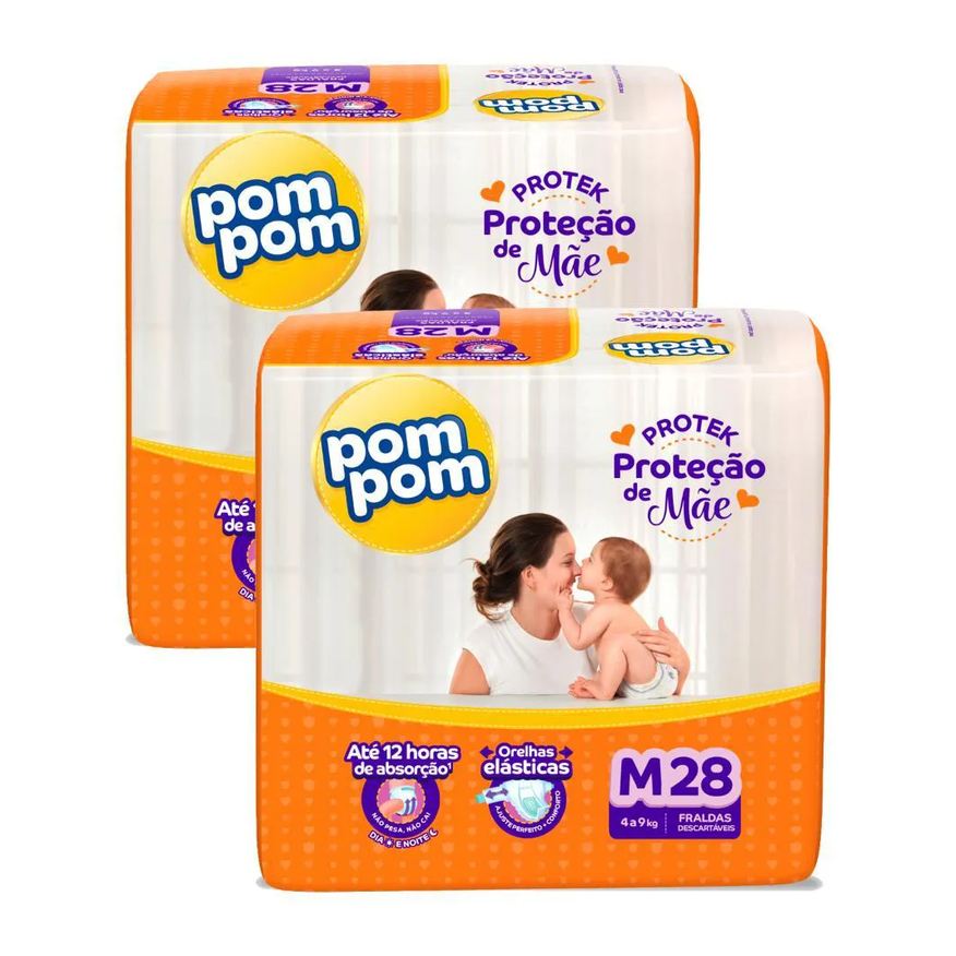 Pom Pom Kit 2 Fraldas Protek Proteção de Mãe Jumbo M com 28Un Cada