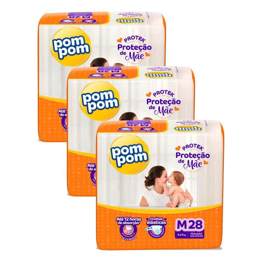 Pom Pom Kit 3 Fraldas Protek Proteção de Mãe Jumbo M com 28Un Cada