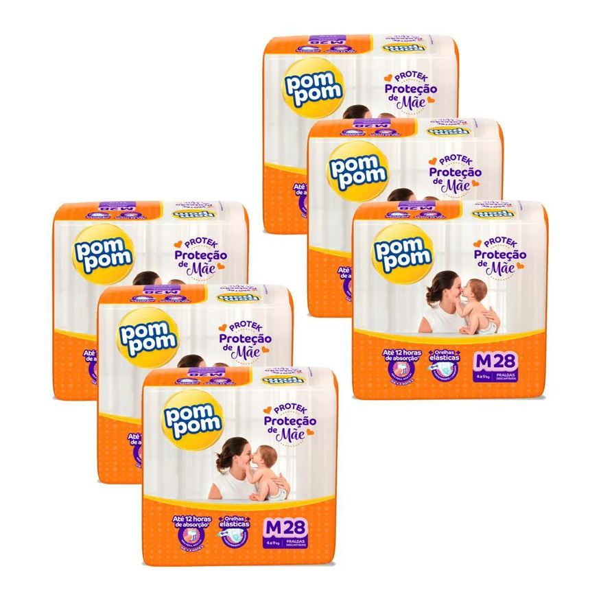 Pom Pom Kit 6 Fraldas Protek Proteção de Mãe Jumbo M com 28Un Cada