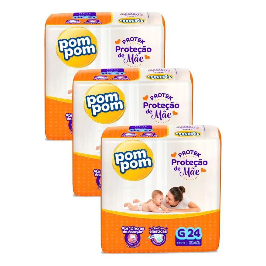 Pom Pom Kit 3 Fraldas Protek Proteção de Mãe Jumbo G com 24Un Cada