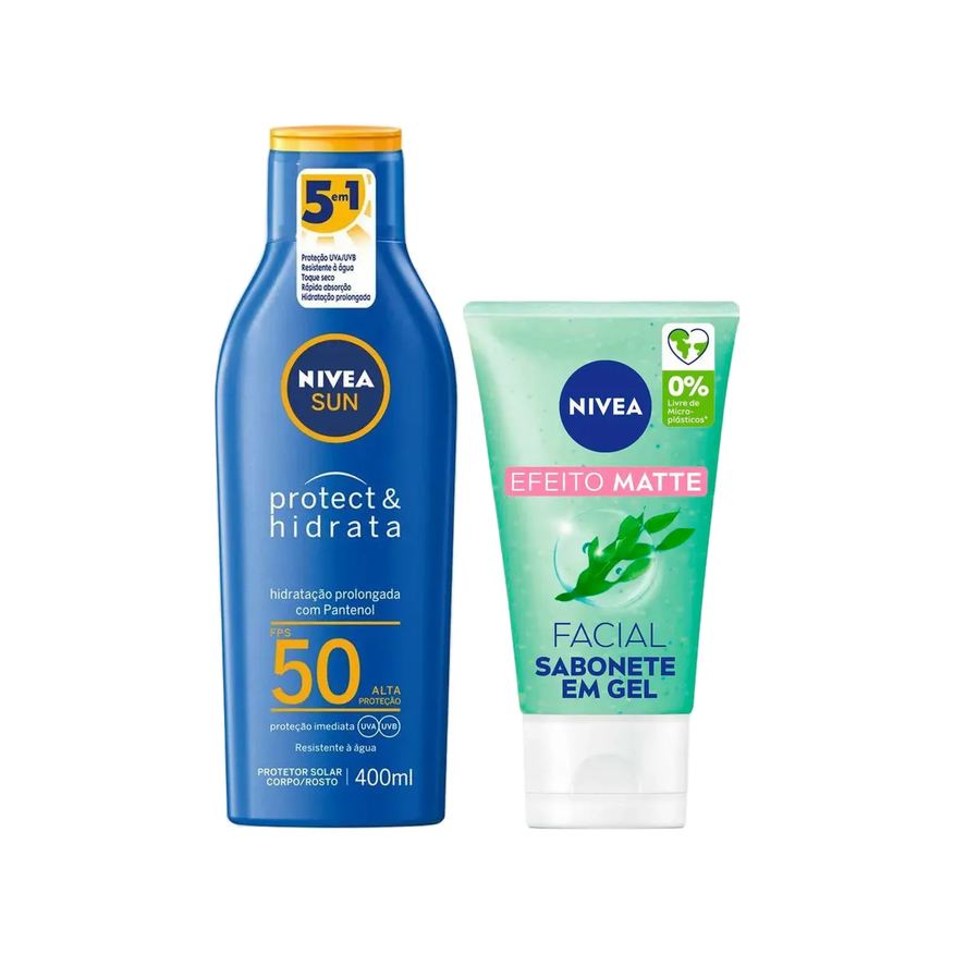 Nivea Kit Protetor Solar Facial e Corporal Loção Sun Protect & Hidrata FPS 50 400ml + Sabonete Facial em Gel Efeito Matte Pele Mista a Oleosa 150ml
