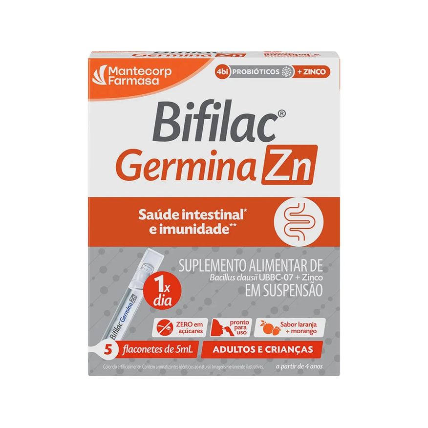 Bifilac Germina Probiótico ZN 4bi + Zinco Suspensão Oral Laranja e Morango 5 flaconetes de 5ml cada