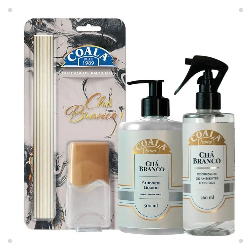 Coala Kit Chá Branco: Sabonete Líquido, Difusor de Aromas e Odorizante de Ambientes