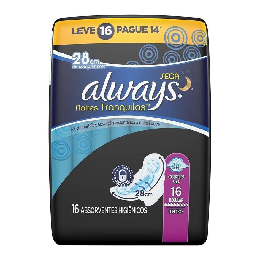 Always Absorvente Noturno Malha Seca com Abas - Embalagem com 16 Unidades - Leve 16 Pague 14