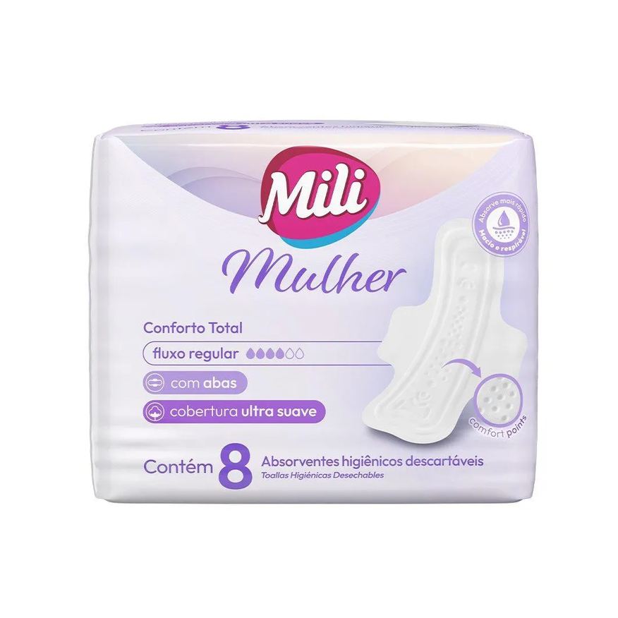 Mili Absorvente Mulher Conforto Total com Abas - Embalagem com 8 Unidades