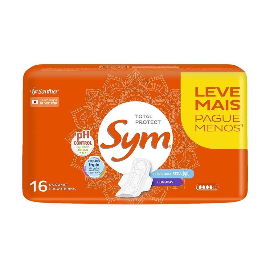 Sym Absorvente Cobertura Seca com Abas Leve 16 Pague 14 - Embalagem com 16 Unidades