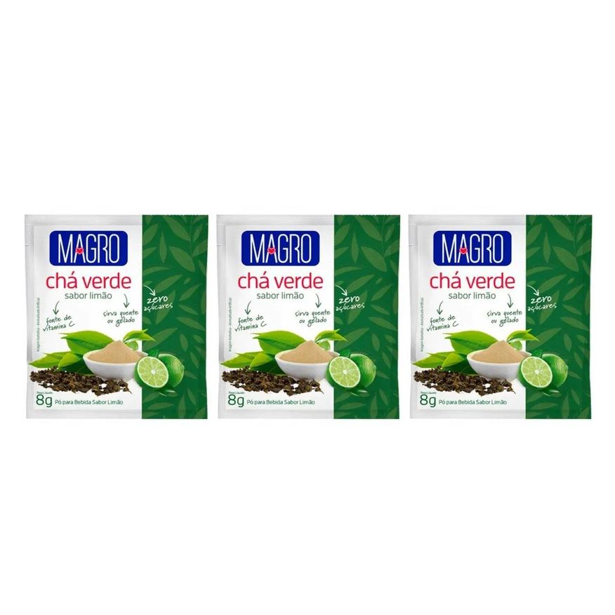 Magro Chá Verde Limão Zero Açucar Diet Natural Kit 3 Fonte de Vitamina C 8g