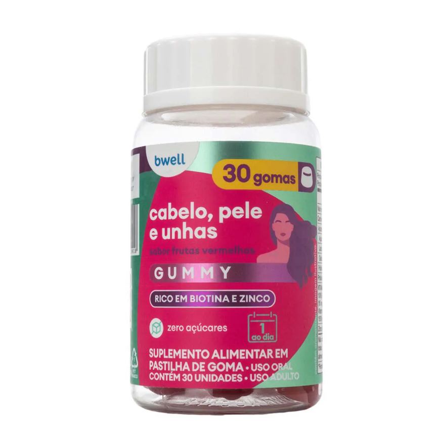 Bwell Suplemento Alimentar Cabelo, Pele e Unhas Gummy Frutas Vermelhas 30 gomas